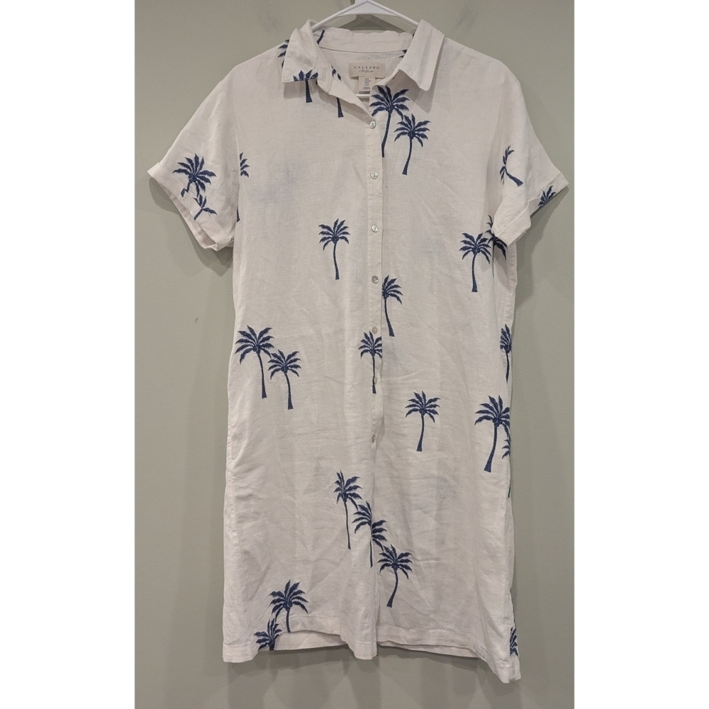 Calypso St. Barth Linen Blend Embroidered Palm Tree Pocket Dress Size Medium